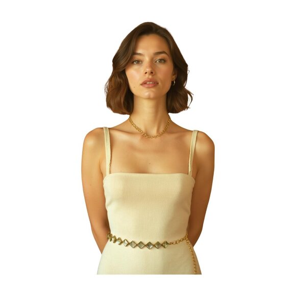 Women's Gold Metal Mesh Waist Belt – Silver Square Beads – Skinny Waistband S M - Picture 1 of 17